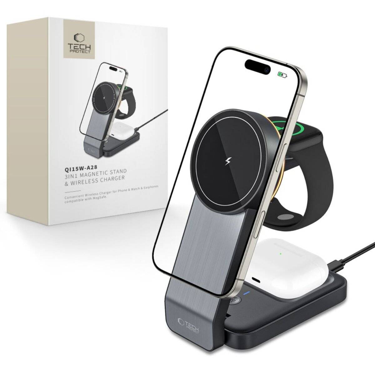 Ein magnetischer 3-in-1-Ständer und kabelloses Ladegerät zeigt ein Smartphone, eine Smartwatch und Kopfhörer, die gleichzeitig geladen werden, neben seiner Verpackungsschachtel.