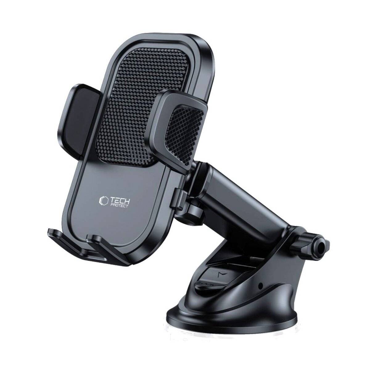 Ein schwarzer verstellbarer Telefonhalter mit breitem Griff, entwickelt für Autoinnenräume, mit Tech Tech Logo.