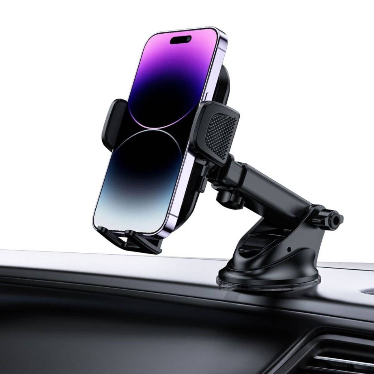 Ein auf einem Autodashboard montiertes Smartphone mit verstellbarer Halterung, auf dem ein Bildschirm mit Farbverlauf in Lila und Blau angezeigt wird.