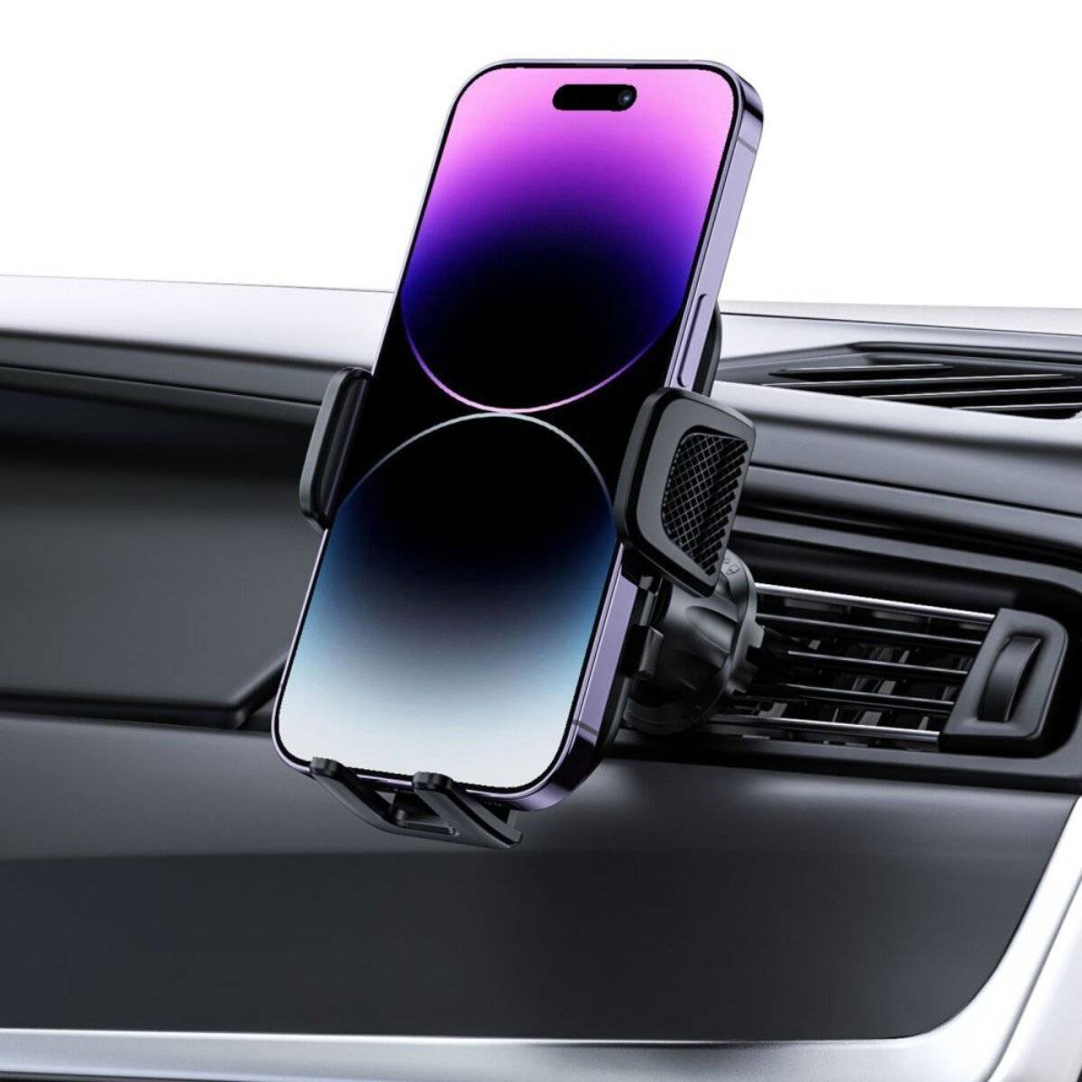 Ein Smartphone mit einem Gradient-Bildschirm ist in einer Autobelüftung mit einer Halterung montiert und präsentiert sein elegantes Design und seine Funktionalität im Fahrzeug.