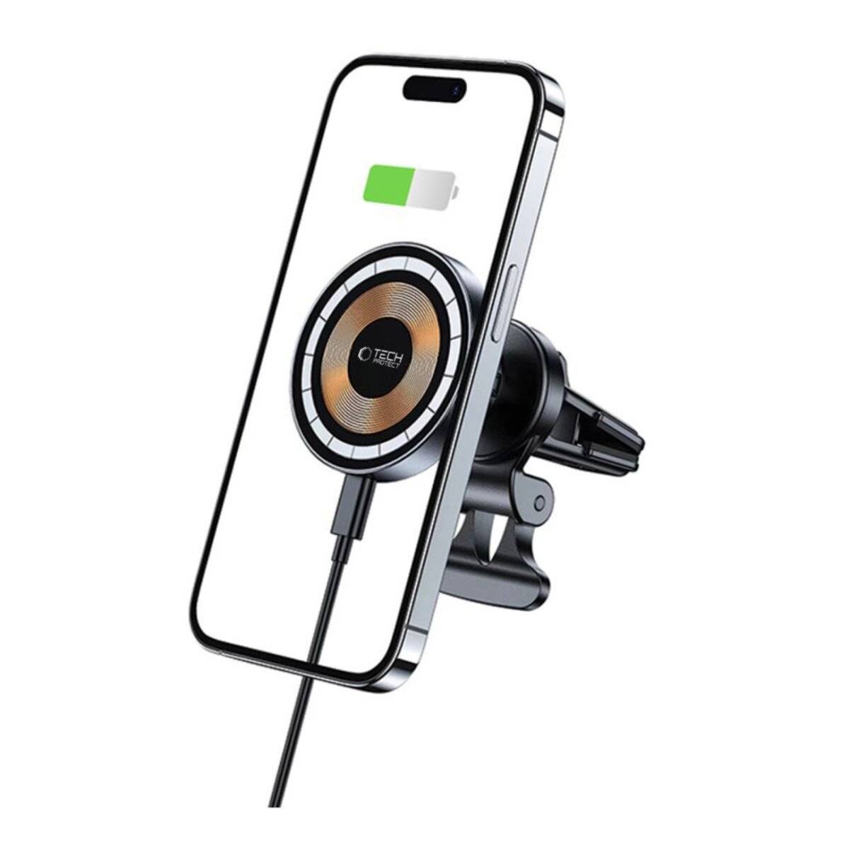 Telefon mit drahtloser Ladesäule, die an einer Autolüftung befestigt ist und ein grünes Batteriesymbol anzeigt, das den Ladestatus angibt.