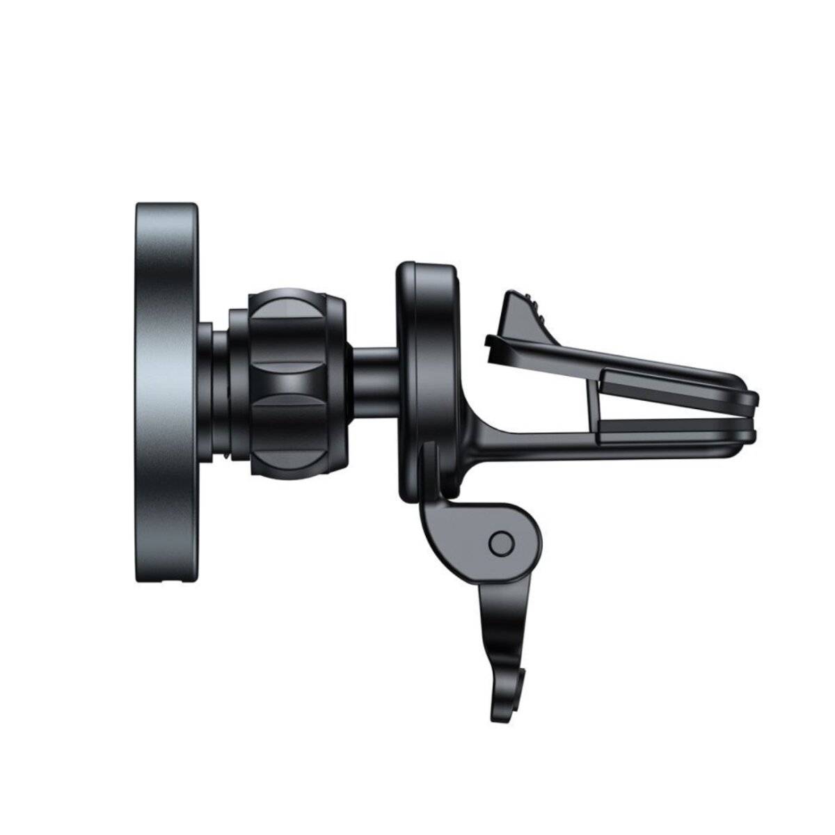 Eine schwarze Lüftungsöffnungs-Handyhalterung mit einstellbarer Klemme, kreisförmiger Basis und drehbarem Drehknopf zum Befestigen eines Smartphones in der Lüftungsöffnung eines Autos.