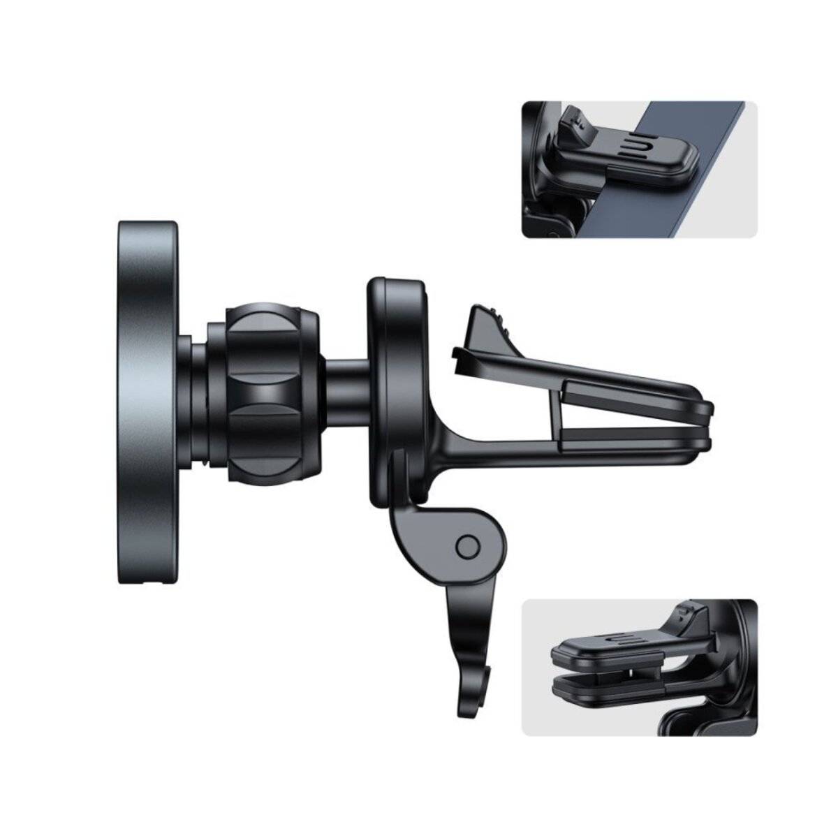 Eine schwarze Auto-Handyhalterung, die folgende Funktionen zeigt: eine drehbare Basis mit einer Feststellschraube, einen Klemmarm und einen sicheren Haken zur Befestigung an der Lüftung.