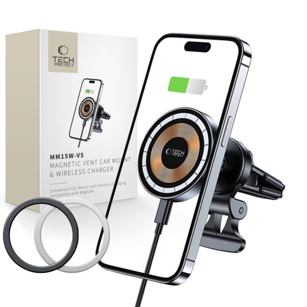 Telefon an einem Auto-Lüftungsgitter mit kabellosem Ladegerät montiert. Der Bildschirm zeigt Ladevorgänge an. Die Schachtel lautet „TECH PROJECT Magnetische Auto-Lüftungsgitter-Halterung & kabelloses Ladegerät