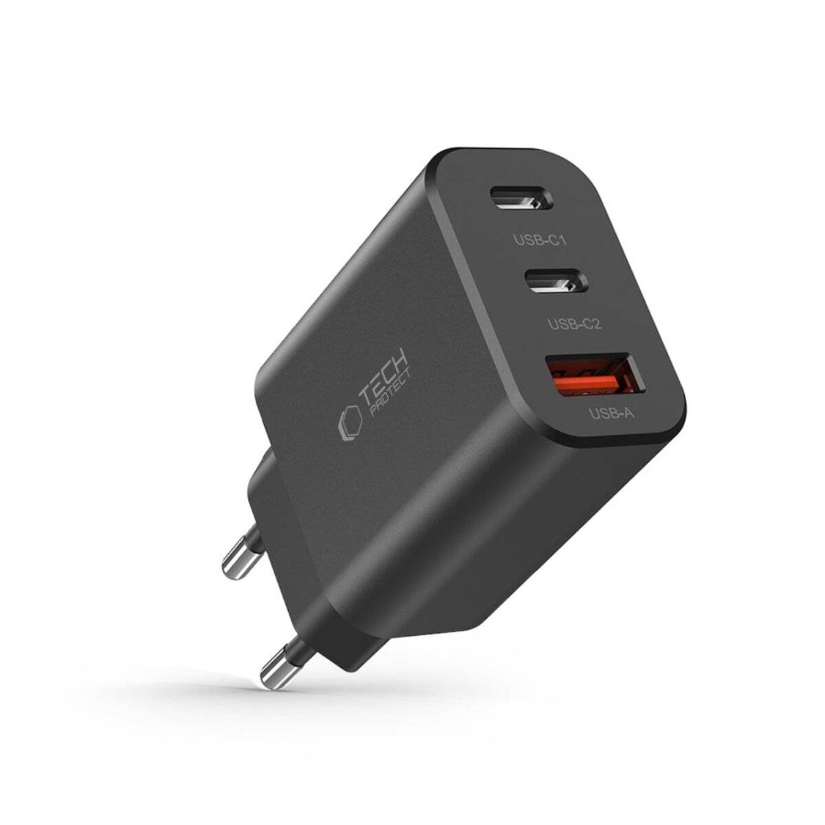 Ein schwarzes Wandladegerät mit zwei USB-C-Anschlüssen, die mit 'USB-C1' und 'USB-C2' beschriftet sind, sowie einem USB-A-Anschluss. Das Markenlogo des Ladegeräts ist sichtbar.