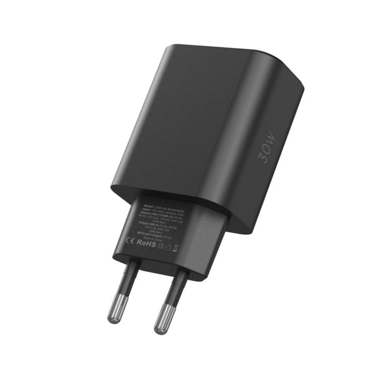 Schwarzer 30W USB-Ladegerät mit zwei runden Stiften, kompatibel mit europäischen Steckdosen, mit CE- und RoHS-Konformitätskennzeichnungen.