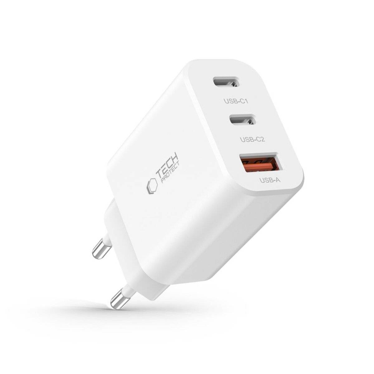 Ein weißes elektronisches Ladegerät mit zwei USB-C-Anschlüssen und einem USB-A-Anschluss, gekennzeichnet als USB-C1, USB-C2 und USB-A, zum Aufladen von Geräten.