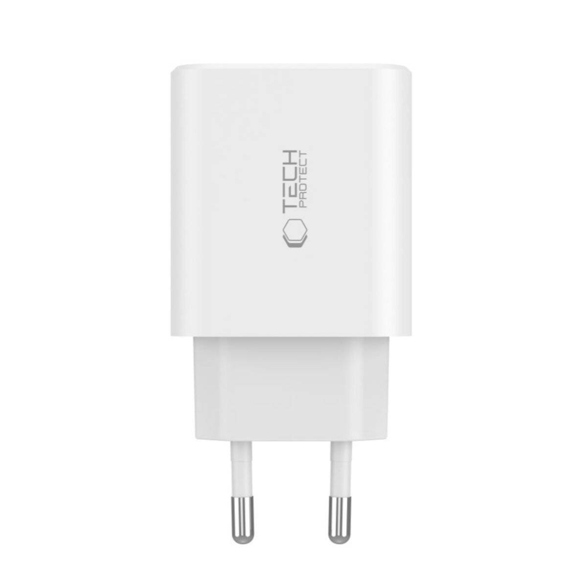 Weißes Wandladegerät mit der Aufschrift 'TECH PROTECT', ausgestattet mit zwei Metallstiften, geeignet zum Aufladen elektronischer Geräte.