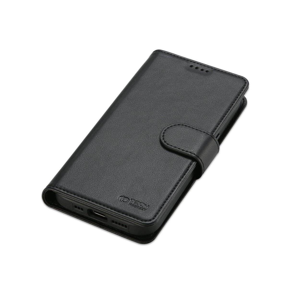 Ein schwarzes Lederhandyetui mit magnetischem Verschluss, das zum Schutz von Smartphones entwickelt wurde.