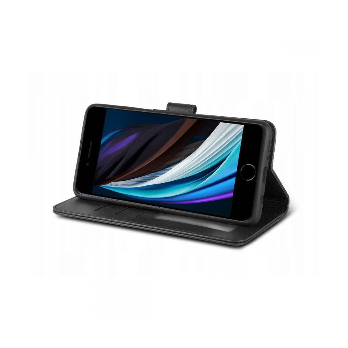 Ein Smartphone in einem schwarzen Gehäuse mit einem farbenfrohen abstrakten Design auf dem Bildschirm, positioniert auf einem Ständer mit sichtbaren Kartensteckplätzen.