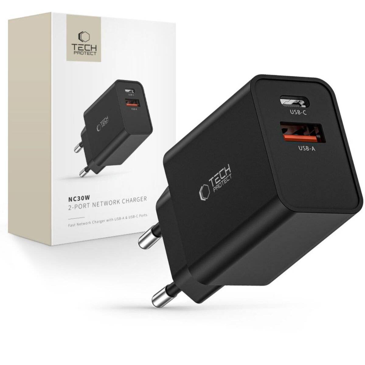 Tech Project' Dual-Port-Wandladegerät mit USB-C und USB-A-Ausgängen; verpackte Schachtel im Hintergrund.