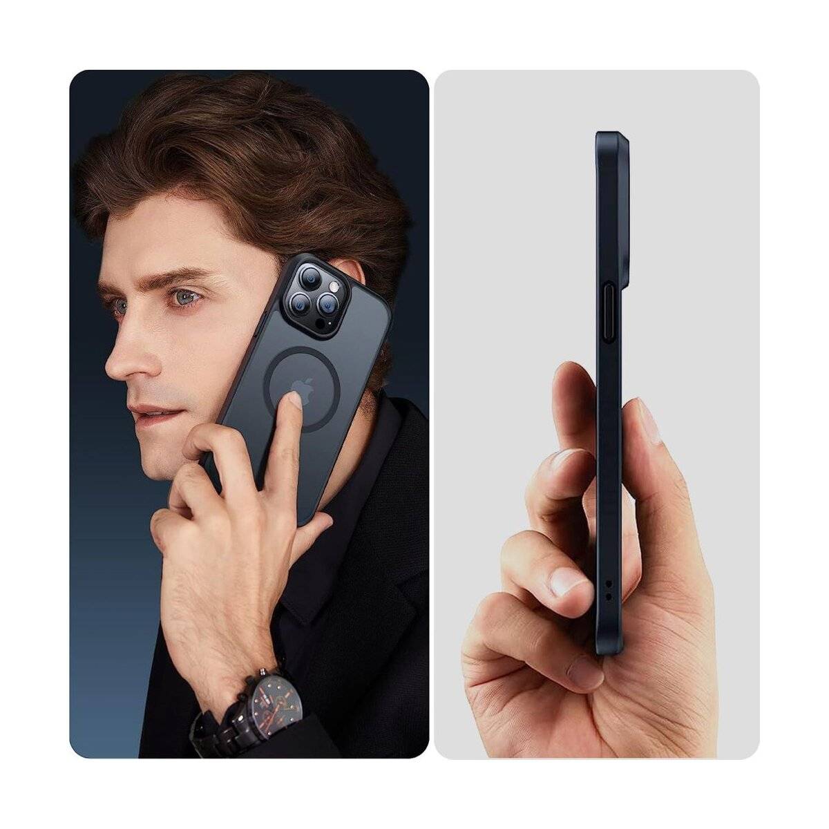 Eine Person hält ein Smartphone an ihr Ohr und zeigt damit die Kamera und das Design des Geräts. Daneben wird das Telefon in einer Seitenansicht in der Hand präsentiert.