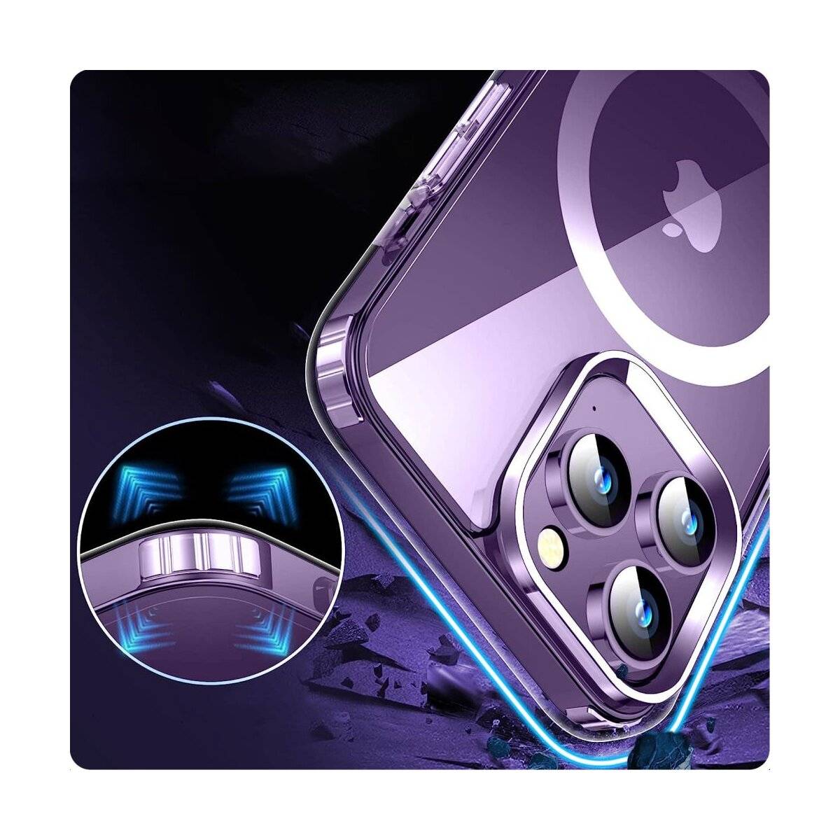 Ein schlankes, violettes Smartphone mit einer Triple-Linsen-Kamera und einer kreisförmigen magnetischen Befestigung auf der Rückseite, das sein stilvolles Design hervorhebt.