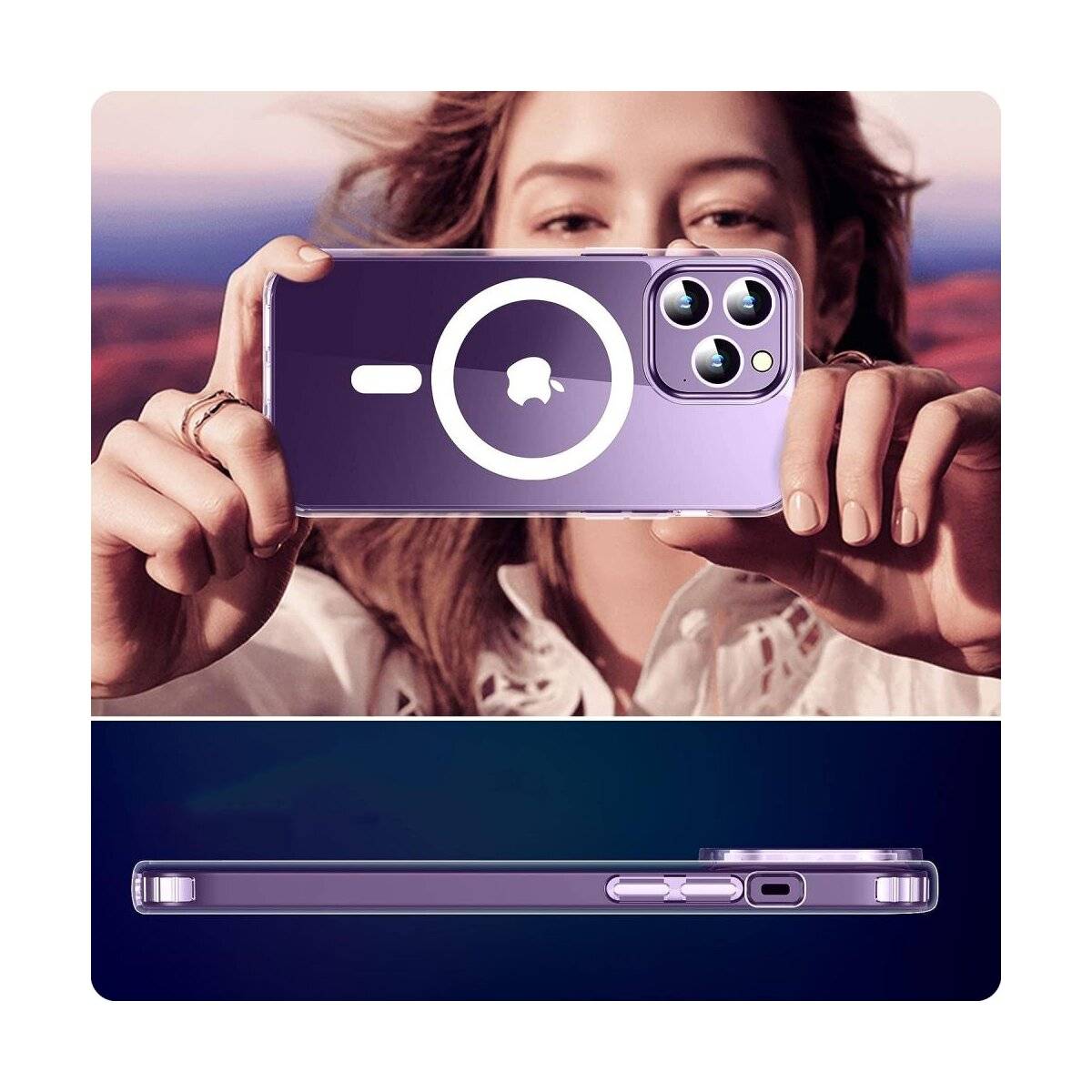 Eine Person hält ein Smartphone mit einer transparenten, violetten Schutzhülle, die ein kreisförmiges Design auf der Rückseite zeigt. Das Telefon wird von vorne und von der Seite dargestellt.
