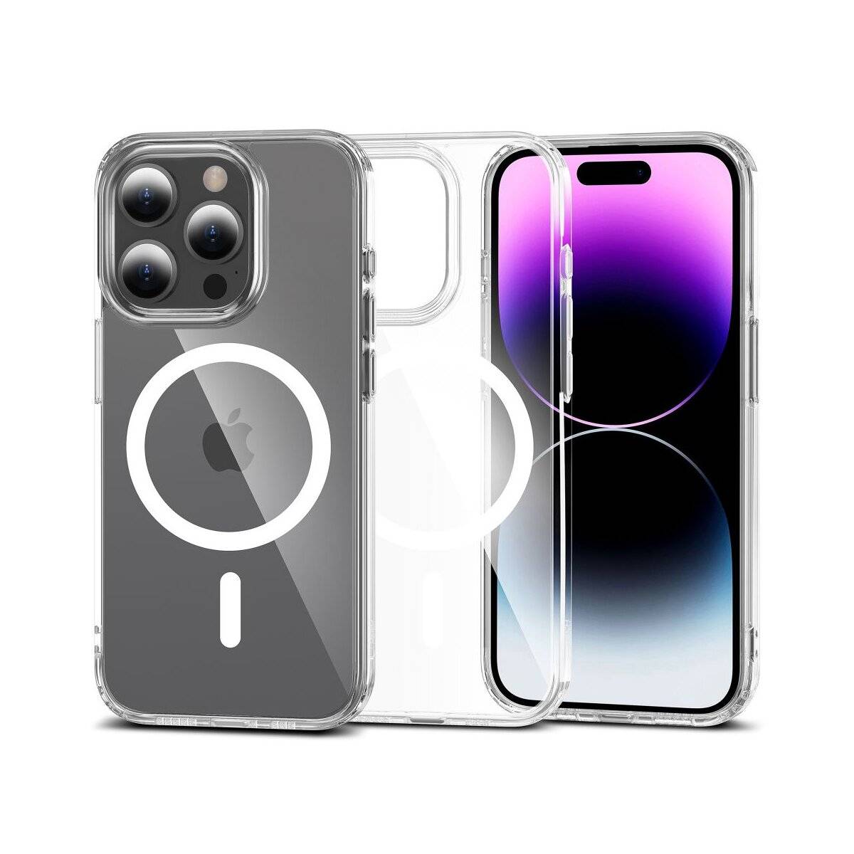 Zwei transparente Handyhüllen mit Wireless-Charging-Kompatibilität werden neben einem Smartphone mit violettem Farbverlauf auf dem Bildschirm angezeigt.