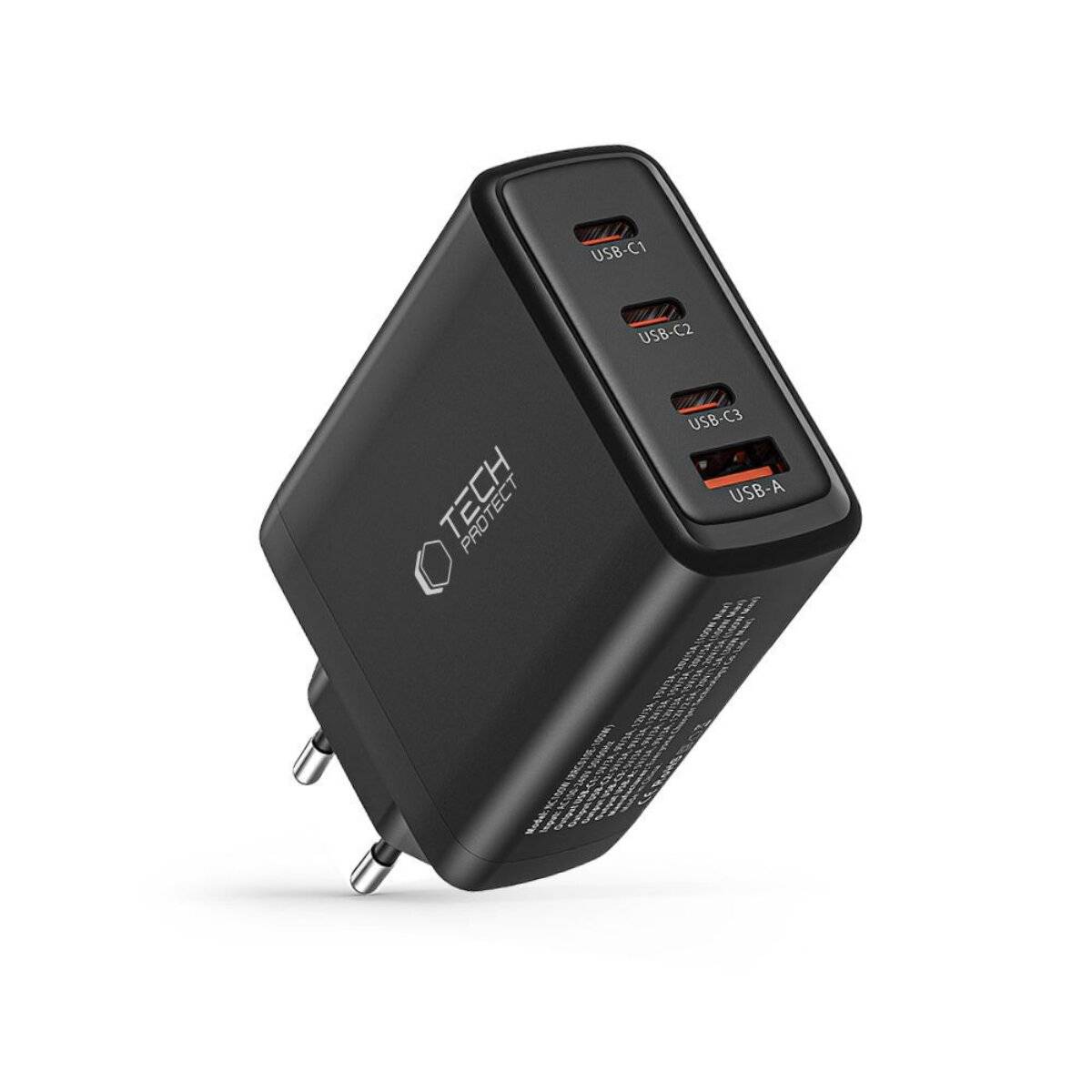 Ein schwarzes Wandladegerät mit drei Anschlüssen mit den Beschriftungen „USB-C1