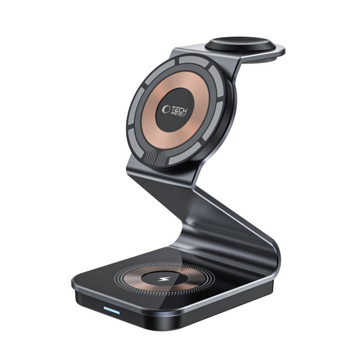 Ein eleganter, schwarzer kabelloser Ladestativ mit Kupferakzenten für Smartphones und Smartwatches mit modernem, eckigem Design.