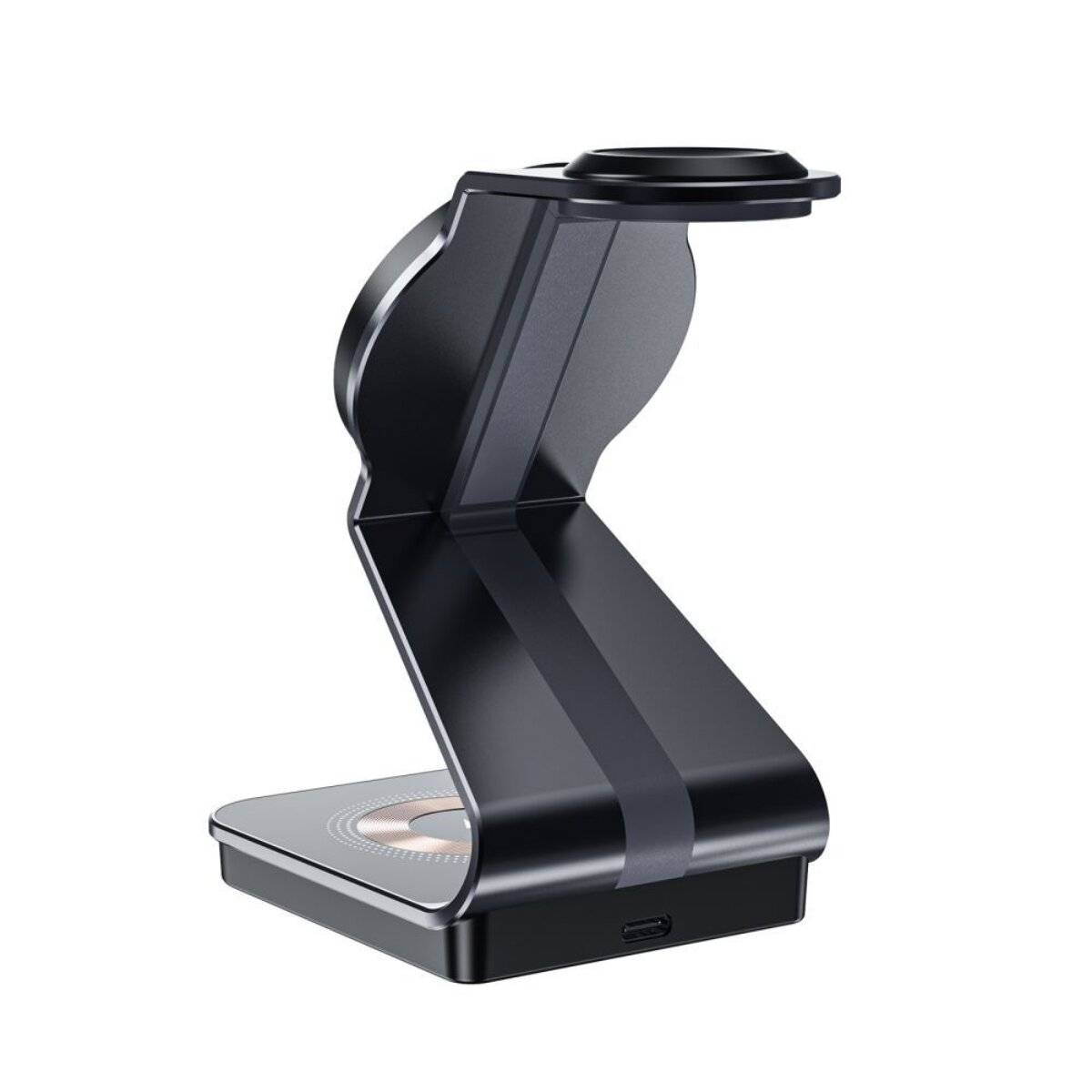 Ein eleganter, schwarzer kabelloses Ladeständer mit mehreren Steckplätzen zum Aufladen von Geräten, mit USB-C-Anschluss an der Basis.