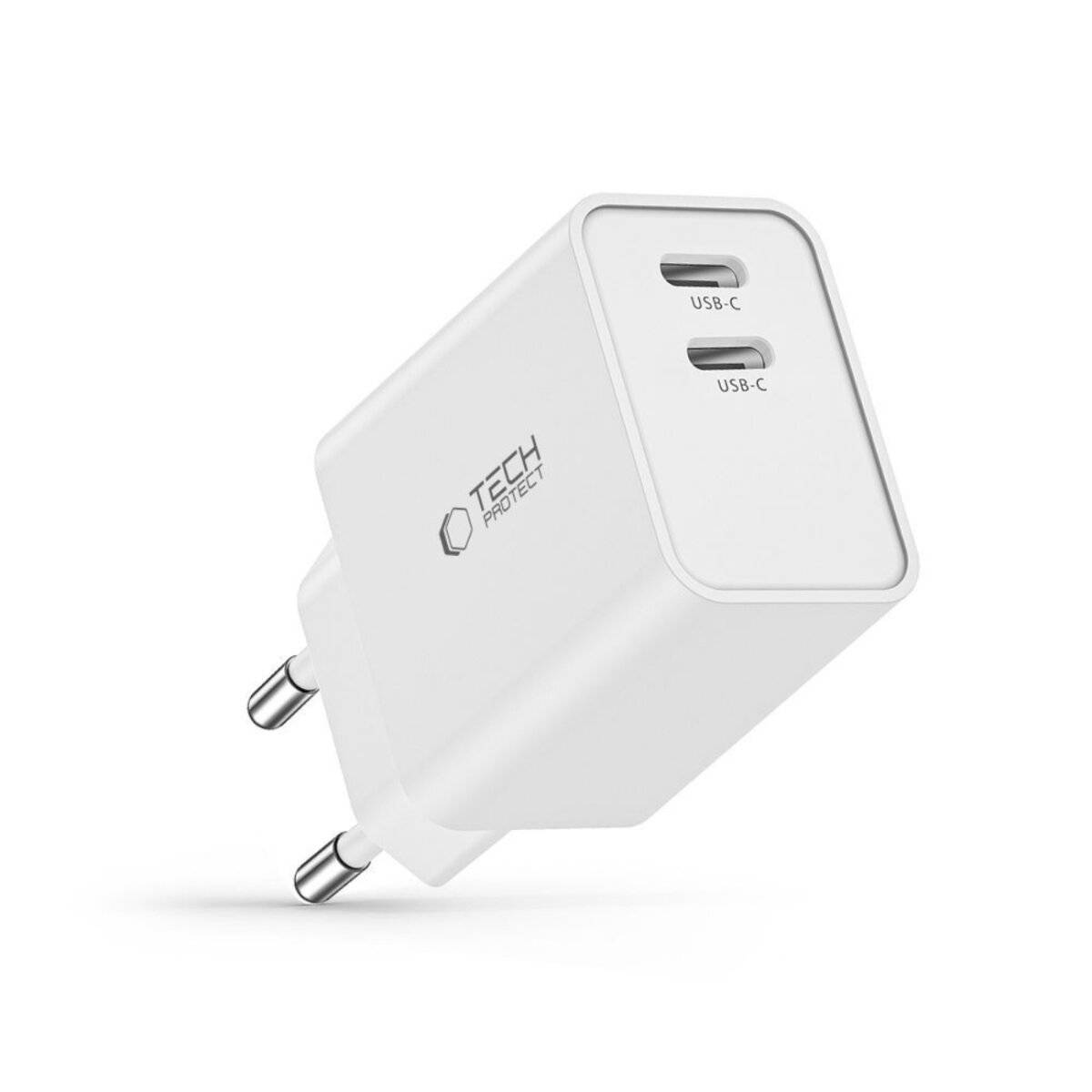 Weißer dualer USB-C Wandladegerät mit Tech Select Logo, entwickelt für schnelles Laden mehrerer Geräte, ausgestattet mit europäischen Steckdosenstiften.