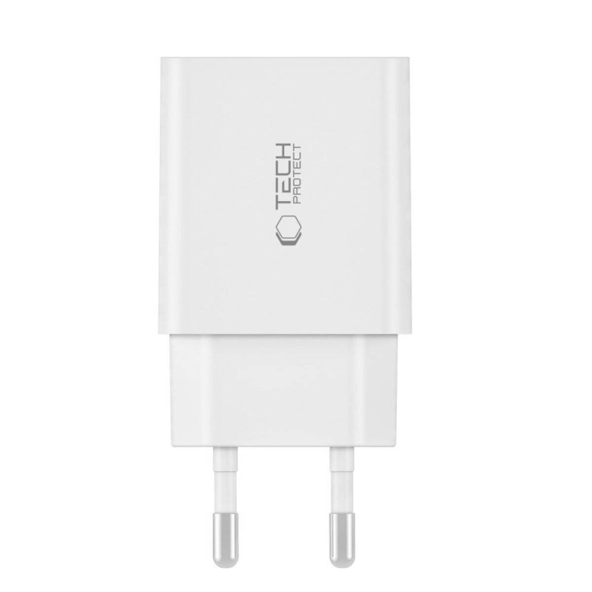 Ein weißer USB-Wandladegerät mit zwei Stiften und dem 'Tech Protect' Logo auf der Vorderseite, entwickelt zum Aufladen elektronischer Geräte.