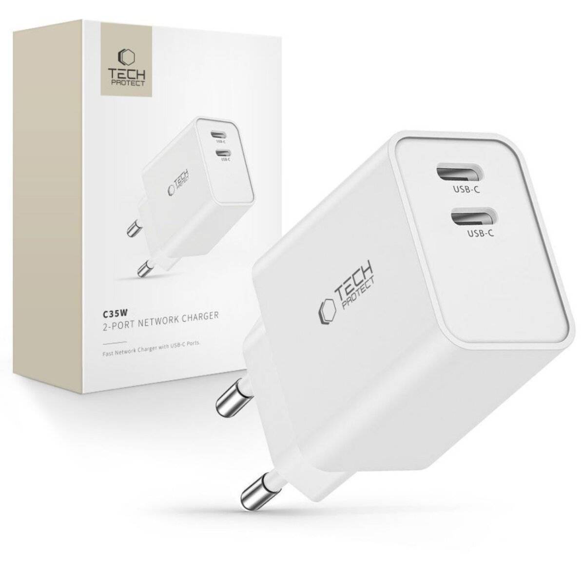 Ein weißer, dual-port USB-C-Ladegerät mit 'Tech Protect' Branding wird zusammen mit seiner Verpackungsbox gezeigt. Das Modell ist C35W.