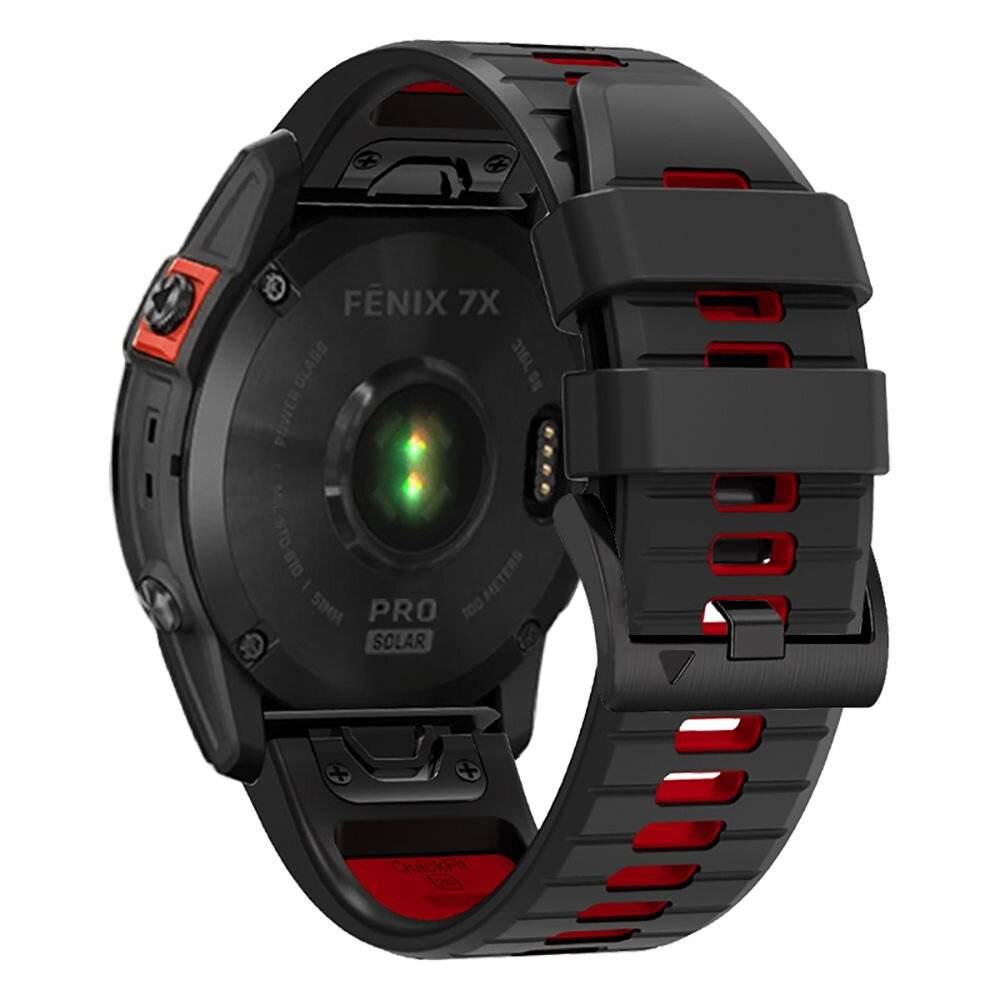 Rückansicht einer schwarz-roten Smartwatch mit der Aufschrift „Fenix 7X Pro Solar