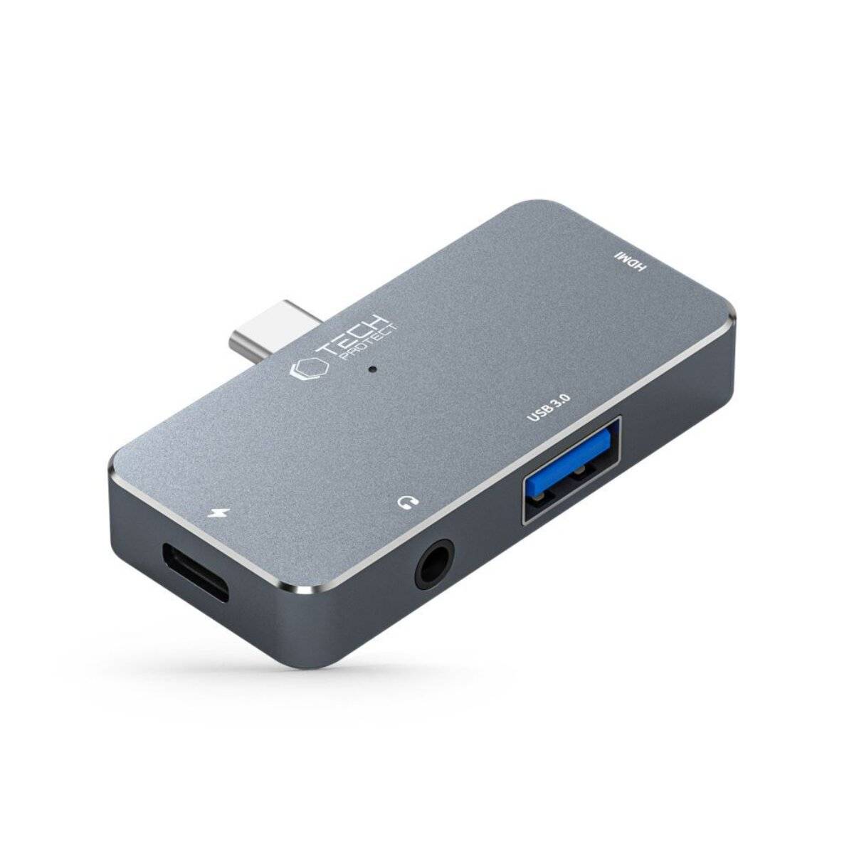 Ein kompakter grauer USB-C-Hub mit USB 3.0, HDMI, USB-C und Audio-Jack-Anschlüssen, entwickelt zum Verbinden mehrerer Geräte.