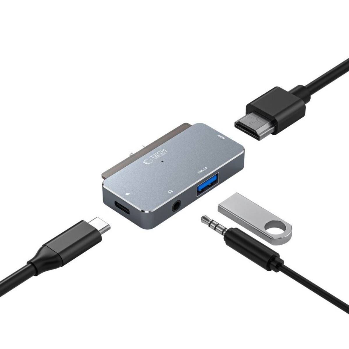 USB-C-Hub mit mehreren Anschlüssen, einschließlich HDMI, USB-A und Audiobuchse, verbunden mit verschiedenen Geräten wie USB-Kabel und HDMI-Kabel.
