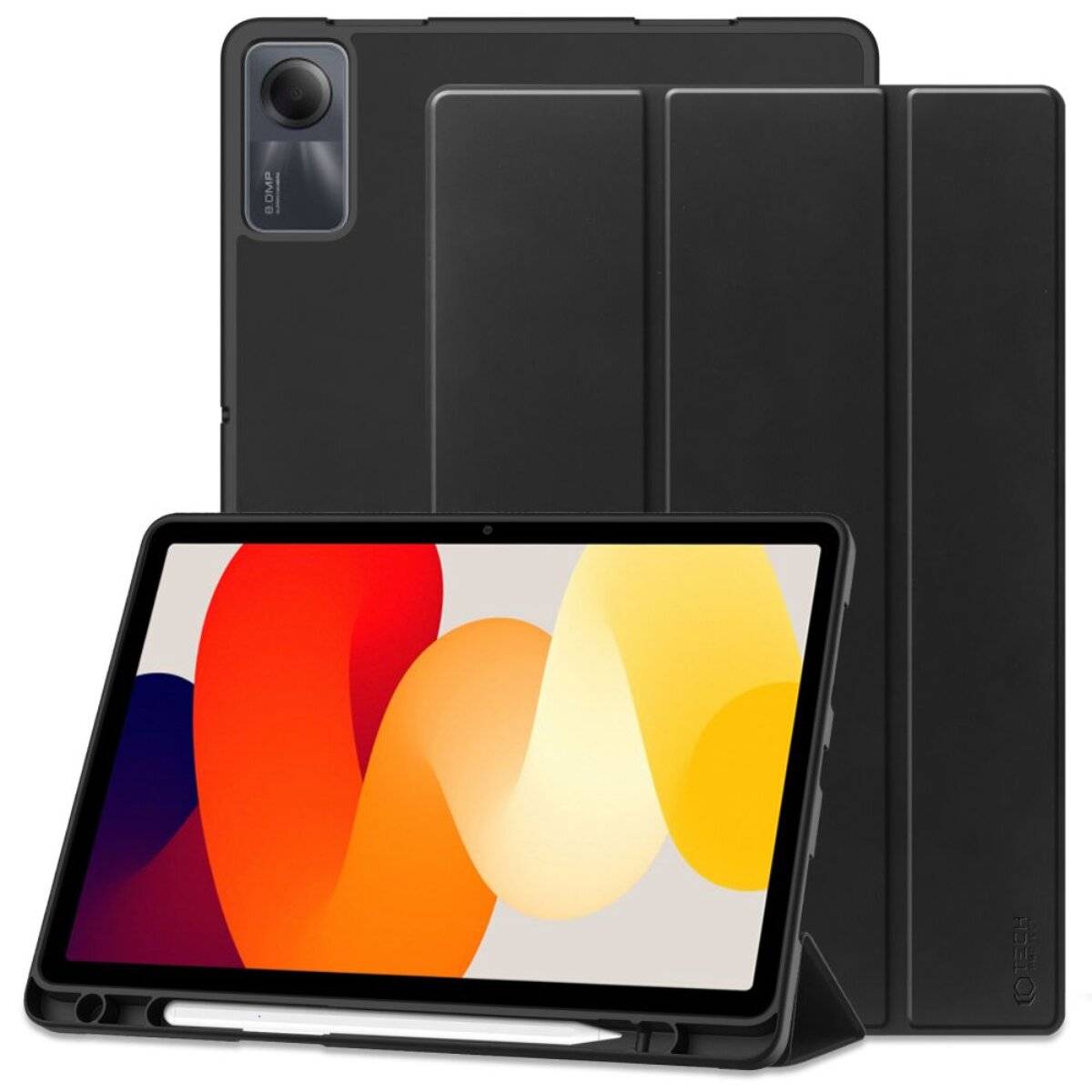 Ein Tablet mit einem schwarzen Schutzetui mit Stifthalter. Der Bildschirm zeigt ein abstraktes Design aus überlappenden roten, orangefarbenen und cremefarbenen Wellen.