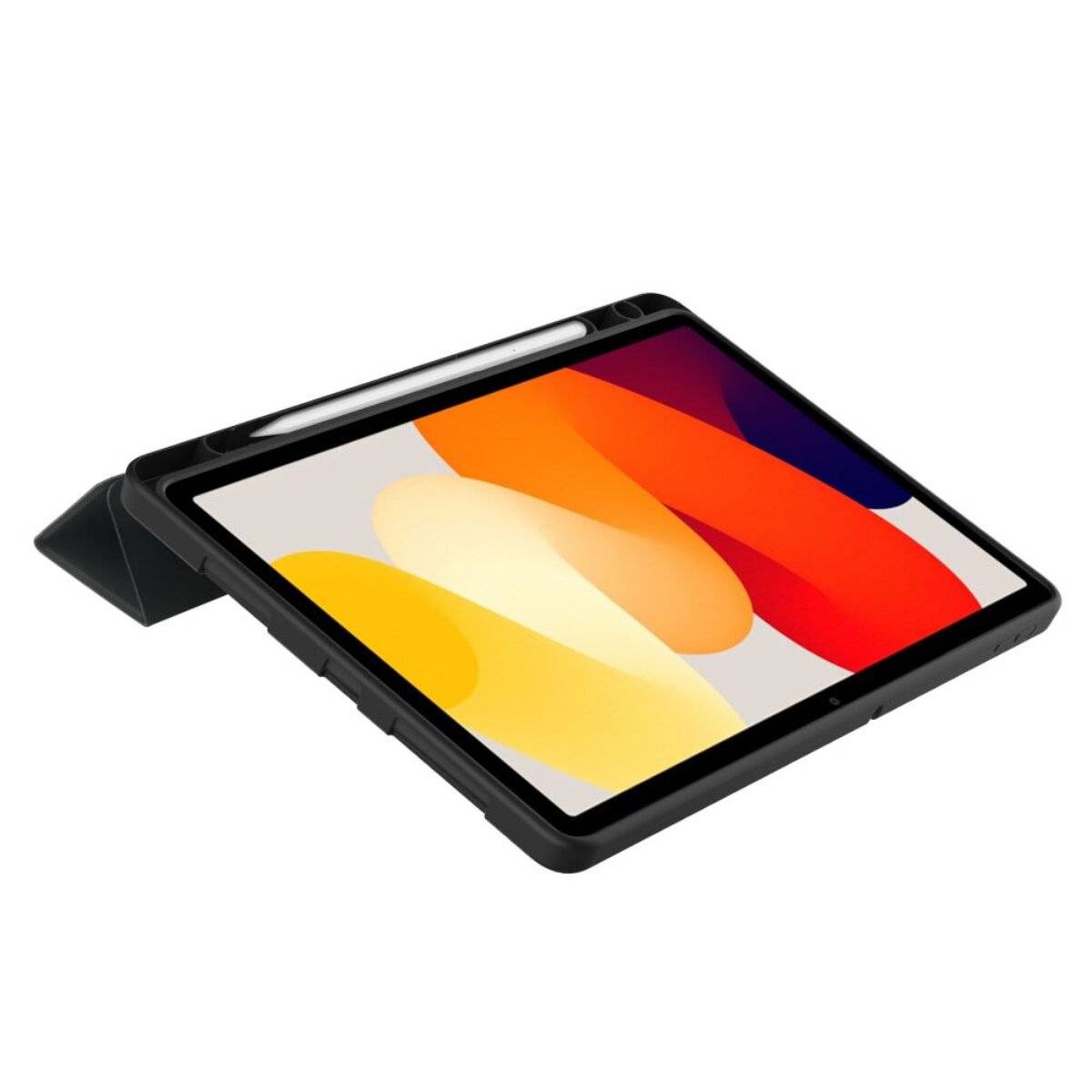 Ein Tablet mit einem Eingabestift, der auf der oberen Kante ruht, zeigt ein farbenfrohen abstraktes Design auf dem Bildschirm an und ist auf einem Ständer geneigt.