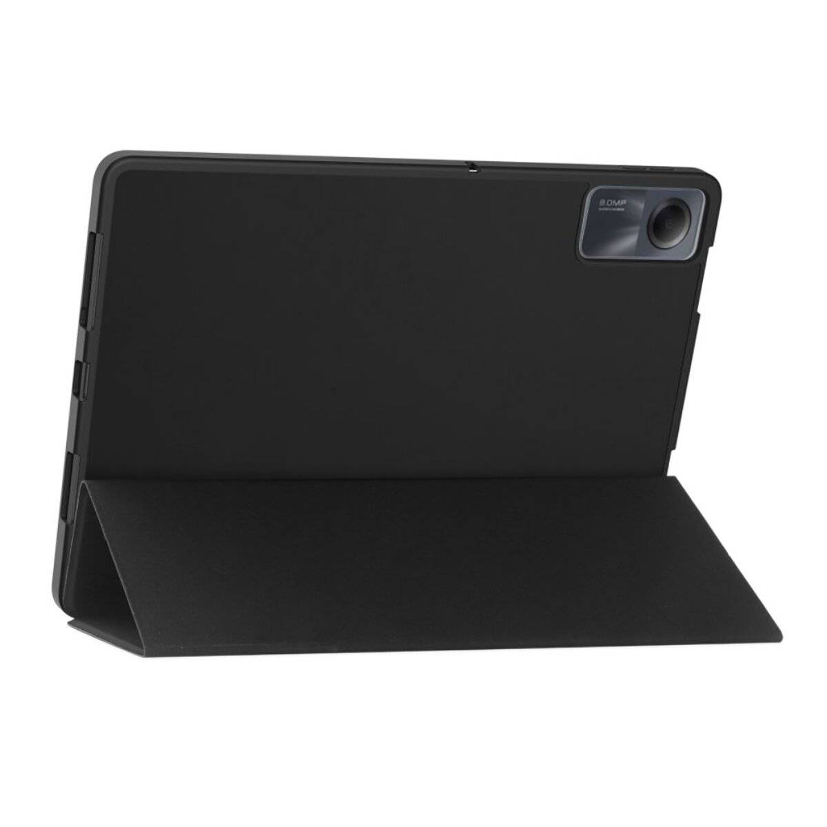 Ein Tablet mit schwarzem Gehäuse steht auf seinem Ständer und zeigt das hintere Kameramodul.