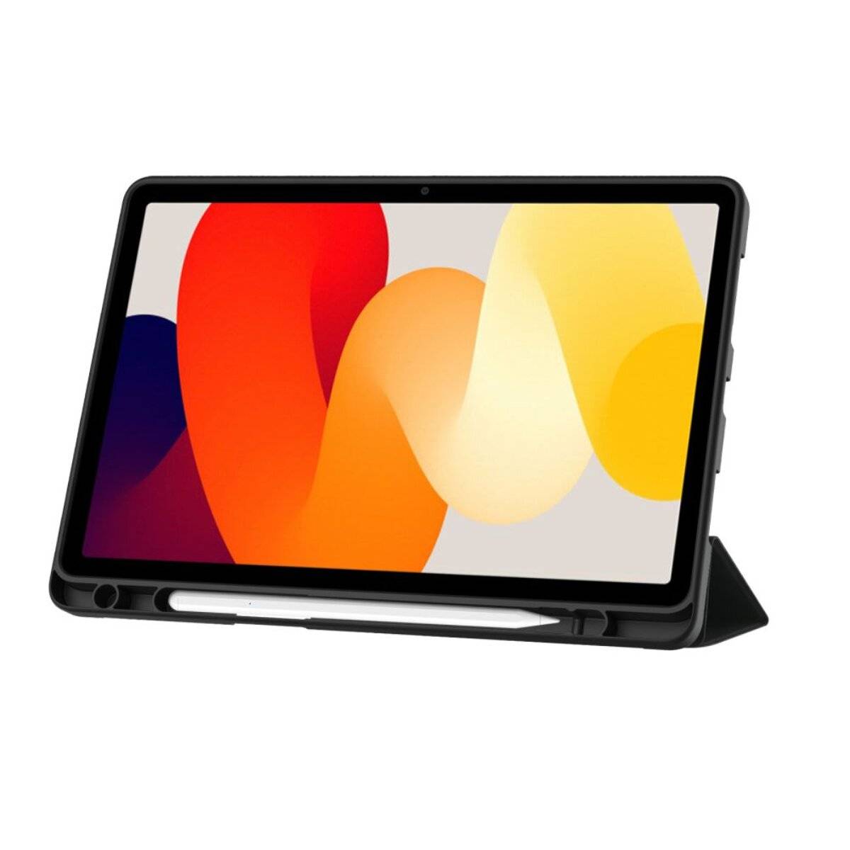 Ein Tablet mit einem bunten Wellenmuster auf dem Bildschirm, das auf einer schwarzen Schutzhülle steht, mit einem Eingabestift an seiner Basis.