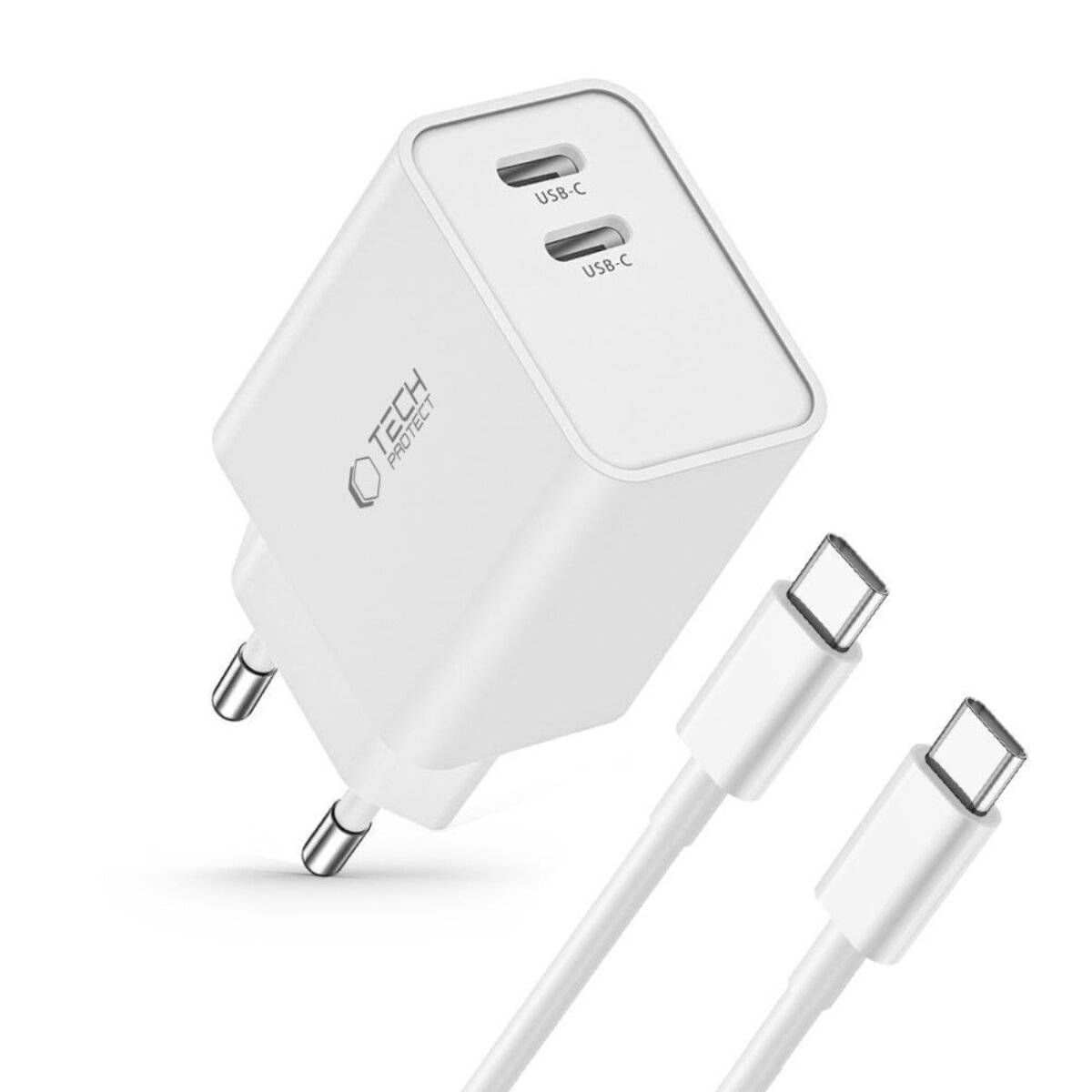 Tech-Protect C35W 2x USB-C PD 35W Netzwerkladegerät USB-C/USB-C-Kabel – Weiß