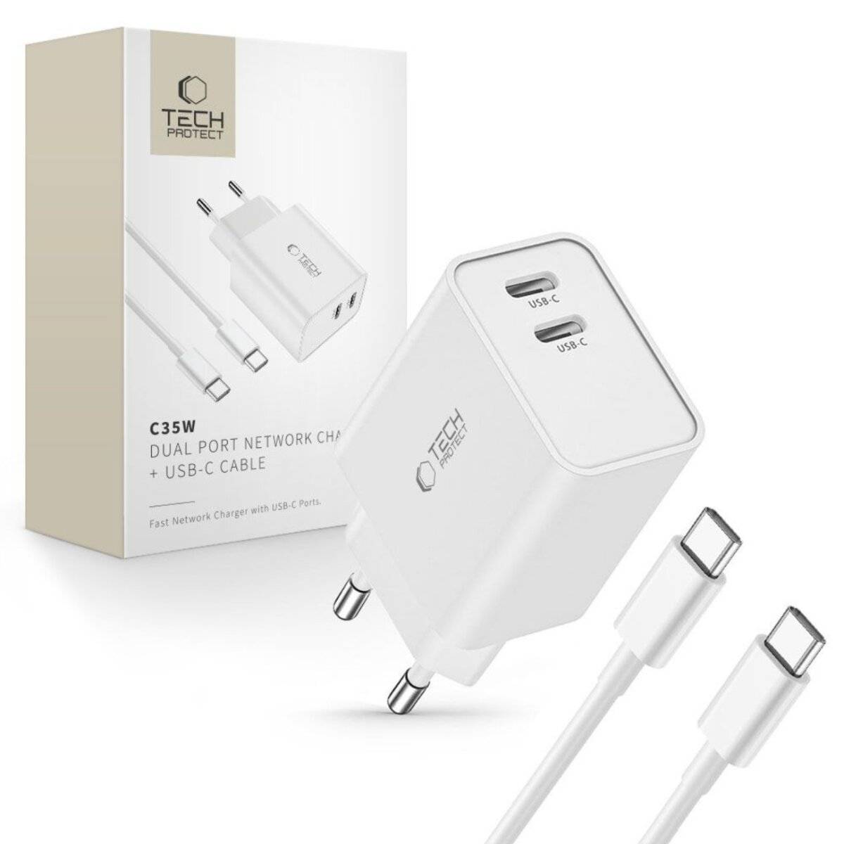 Tech-Protect C35W 2x USB-C PD 35W Netzwerkladegerät USB-C/USB-C-Kabel – Weiß