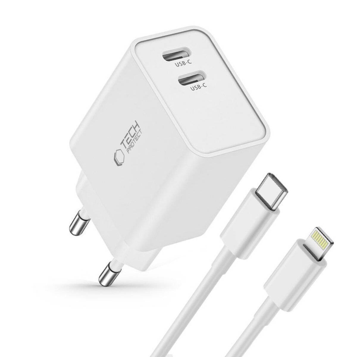 Tech-Protect C35W 2x USB-C PD 35W Netzwerkladegerät USB-C/ Lightning Kabel – Weiß