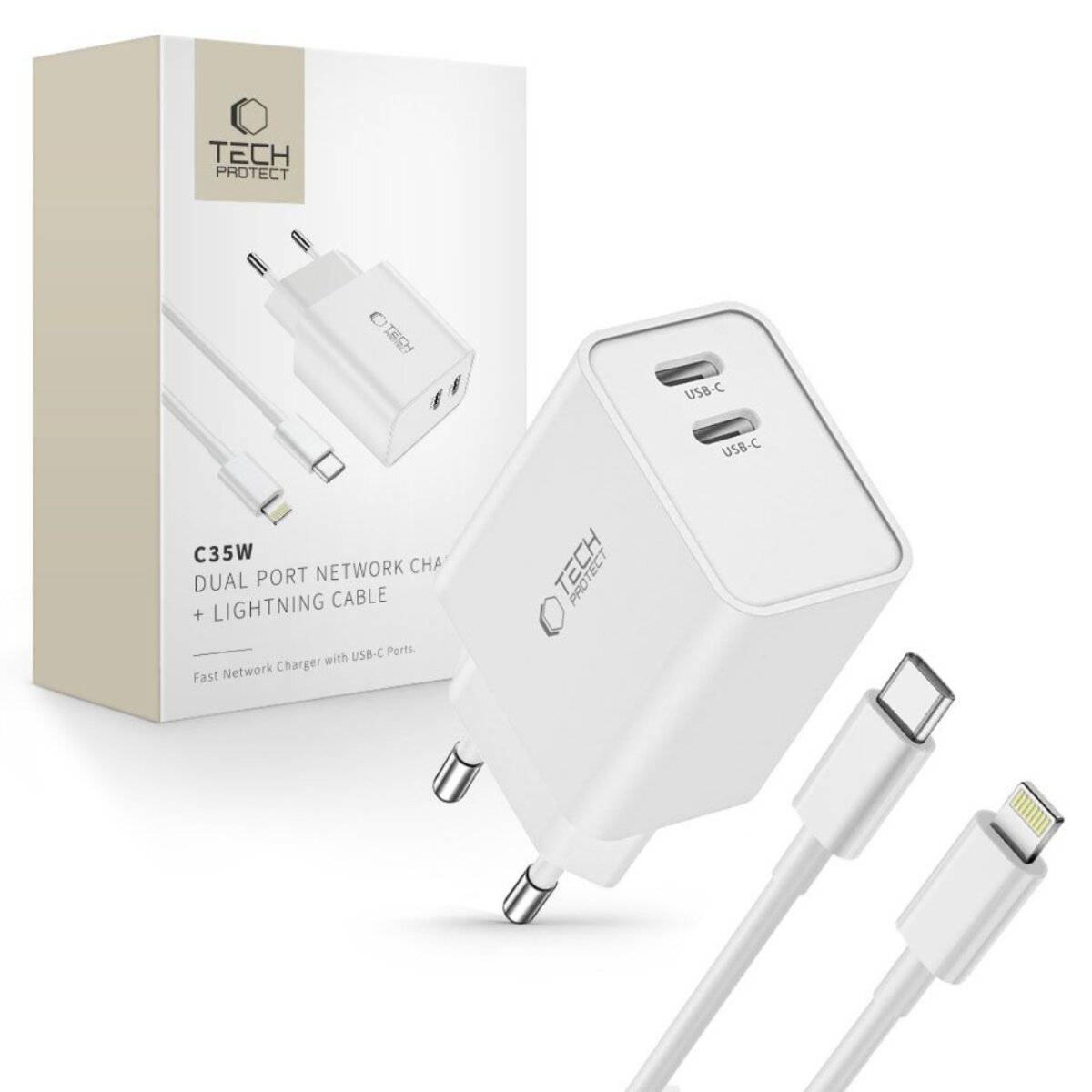 Tech-Protect C35W 2x USB-C PD 35W Netzwerkladegerät USB-C/ Lightning Kabel – Weiß