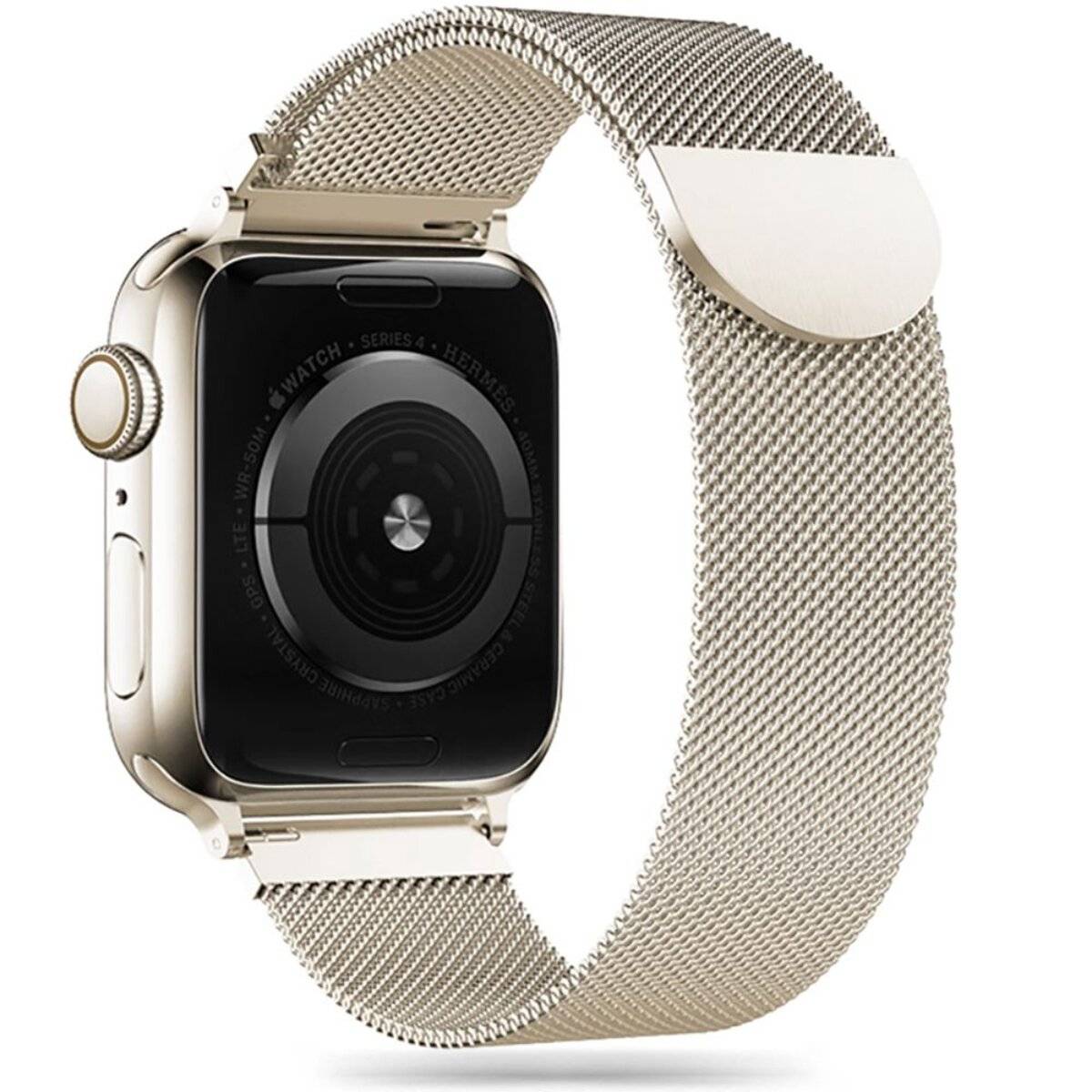 Eine Smartwatch mit einem metallischen Mesh-Armband wird angezeigt und zeigt ihren hinteren Sensor. Das Design ist elegant und deutet auf moderne Technologie und Stil hin.