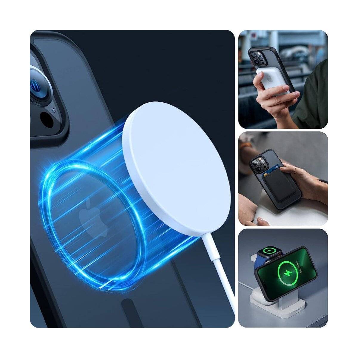 Collage, die ein Telefon mit einem kreisförmigen Magnetladegerät, eine Person, die das Telefon hält und ein Batteriepaket anbringt, sowie kabelloses Laden zeigt.