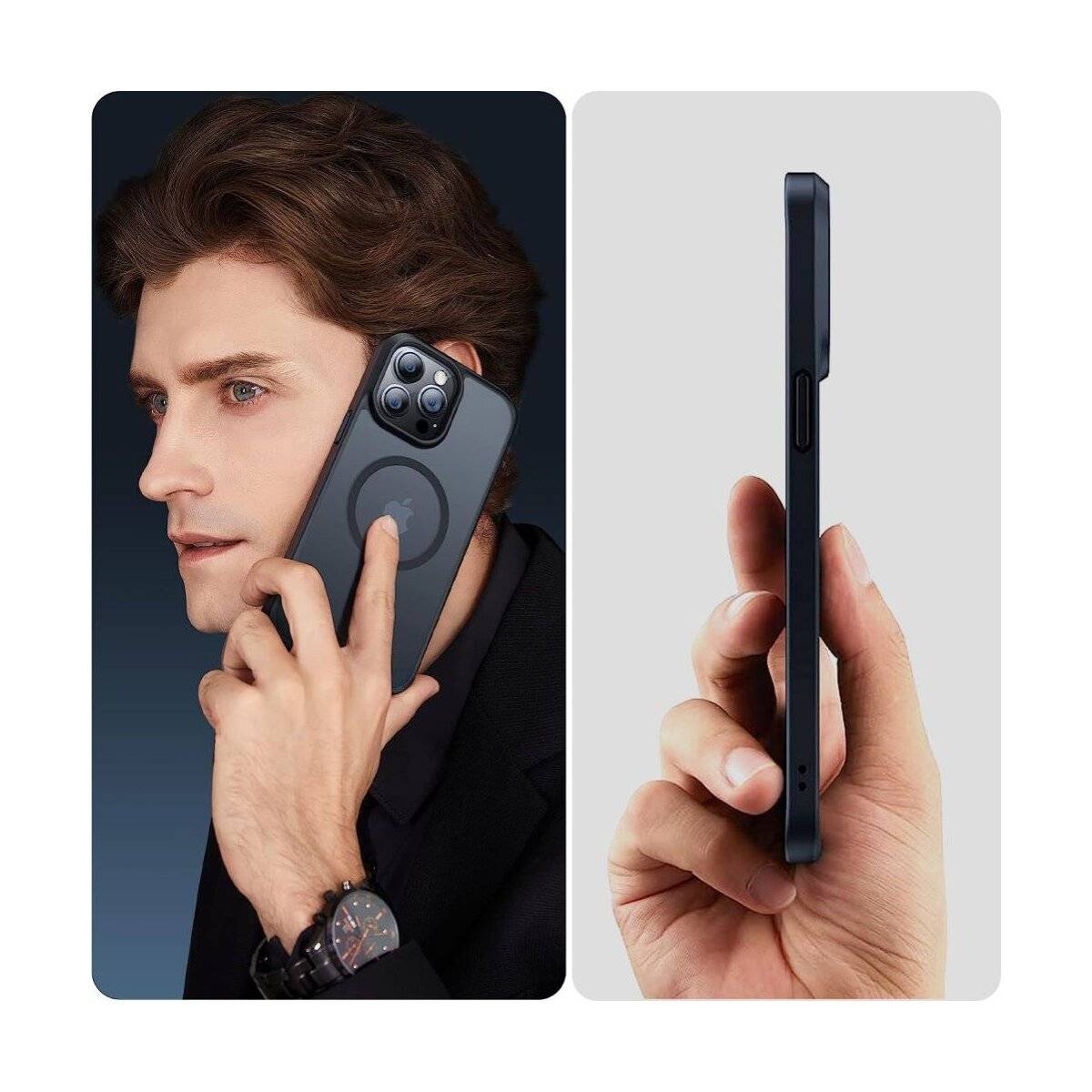 Eine Person hält ein Smartphone an ihr Ohr und zeigt damit sein Design auf der Rückseite. Das rechte Bild zeigt eine Hand, die das Telefon von der Seite hält.
