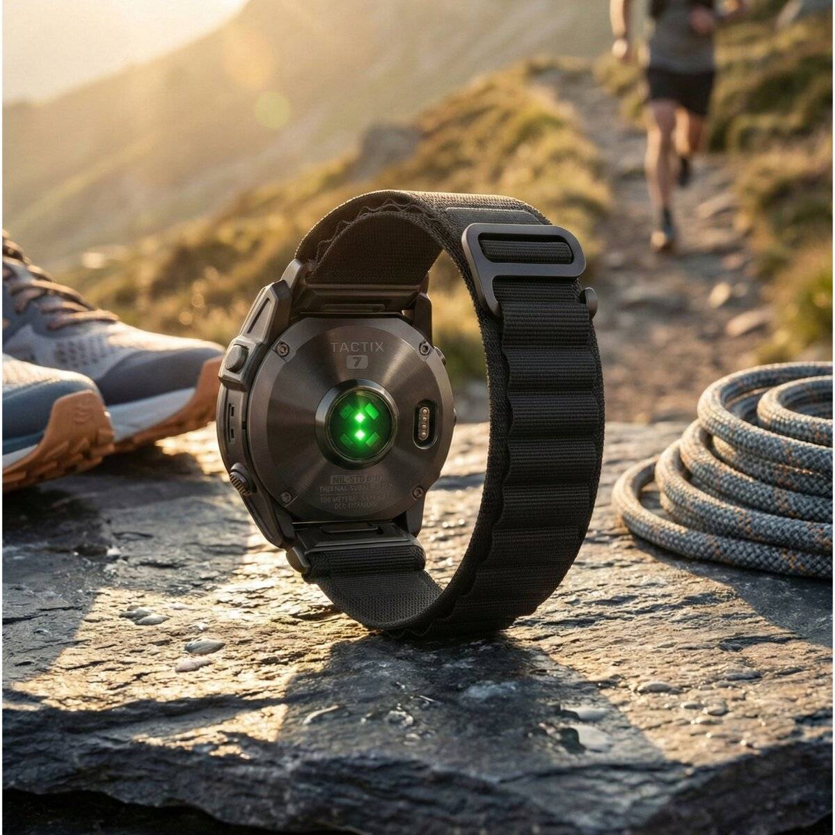Eine Smartwatch mit grünem Licht liegt auf einem felsigen Pfad, während im Hintergrund eine Person läuft, was auf Outdoor-Aktivität und Fitness-Tracking hindeutet.