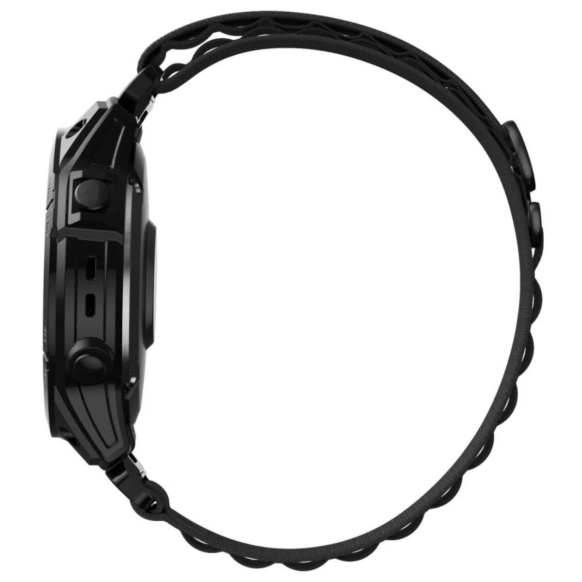 Seitenansicht einer schwarzen digitalen Sportuhr mit strukturiertem Armband, die ihr schlankes Profil und robustes Design hervorhebt.