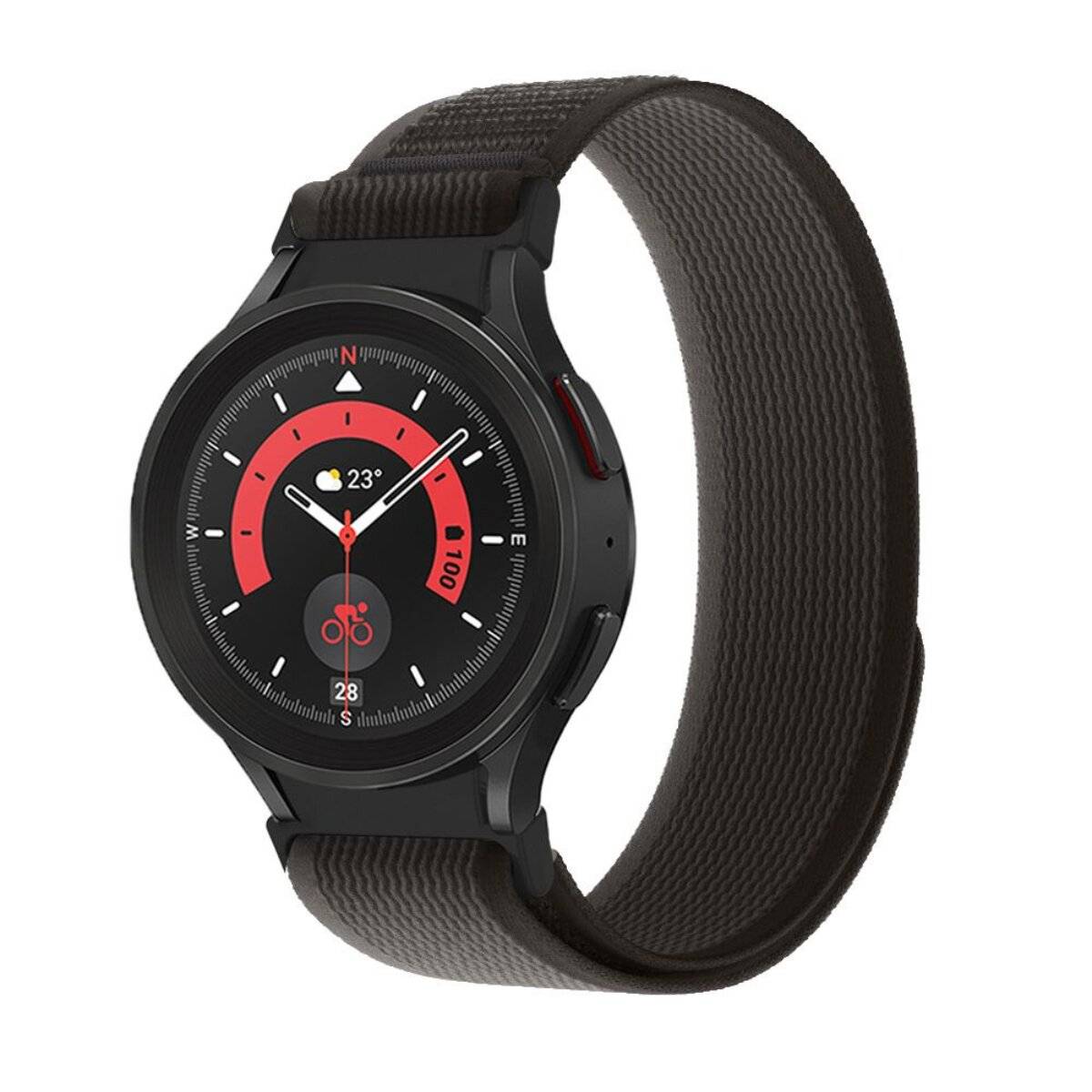 Eine schwarze Smartwatch mit rundem Display zeigt Wetter, Schrittanzahl und Uhrzeit an. Sie hat ein dunkelgraues Stoffarmband und ein elegantes, modernes Design.
