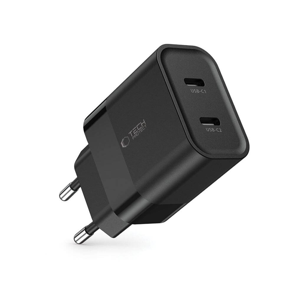 Ein schwarzes USB-C-Wandladegerät mit zwei Anschlüssen und europäischem Stecker, mit „Tech