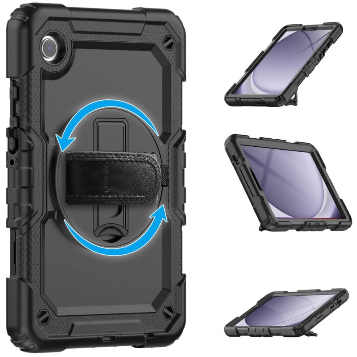 Ein robustes schwarzes Tablet-Gehäuse mit einem drehbaren Handriemen für sicheren Halt. Seitenbilder zeigen Front-, Ständer- und Tiefansicht des Gehäuses.