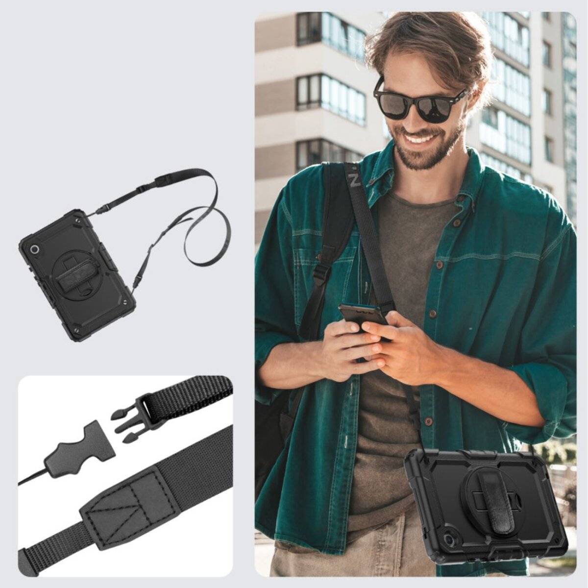 Ein lächelnder Mann mit Sonnenbrille und legerer Kleidung hält sein Handy, mit Nahaufnahmen einer sicheren Handytasche mit Trageriemen.