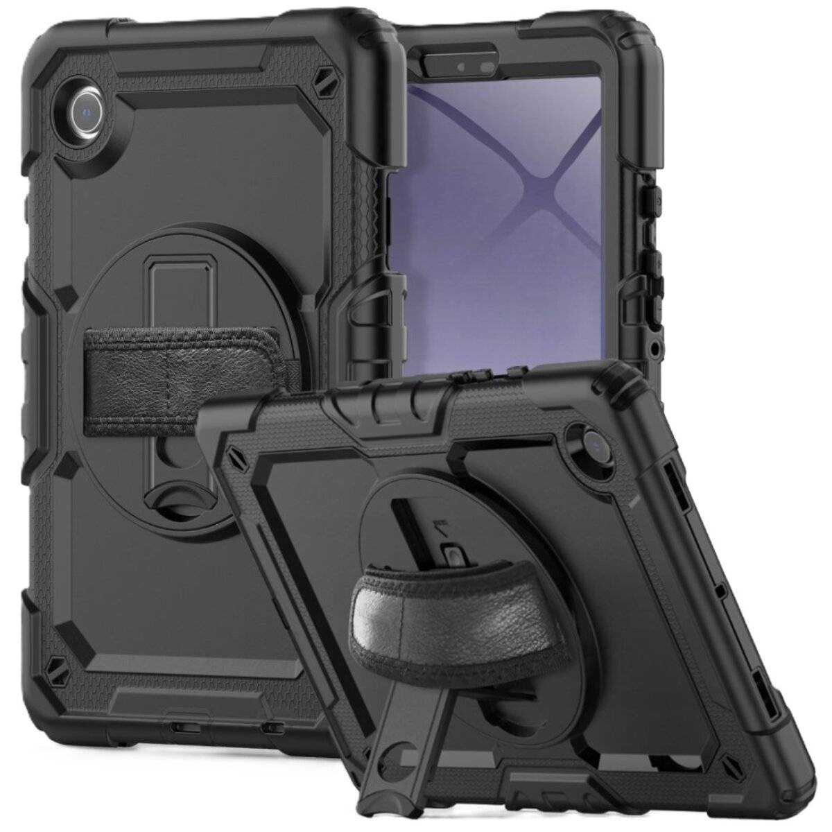Ein robustes schwarzes Tablet-Etui mit integriertem Ständer und Handschlaufe, geöffnet und geschlossen abgebildet. Geeignet für Schutzmaßnahmen in verschiedenen Umgebungen.