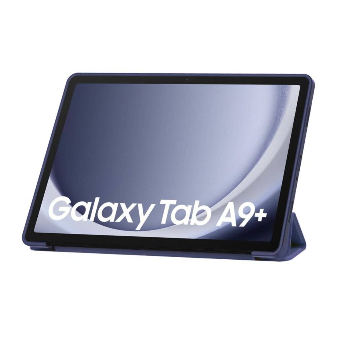 Ein Tablet auf einem Ständer, auf dessen Bildschirm der Text „Galaxy Tab A9+