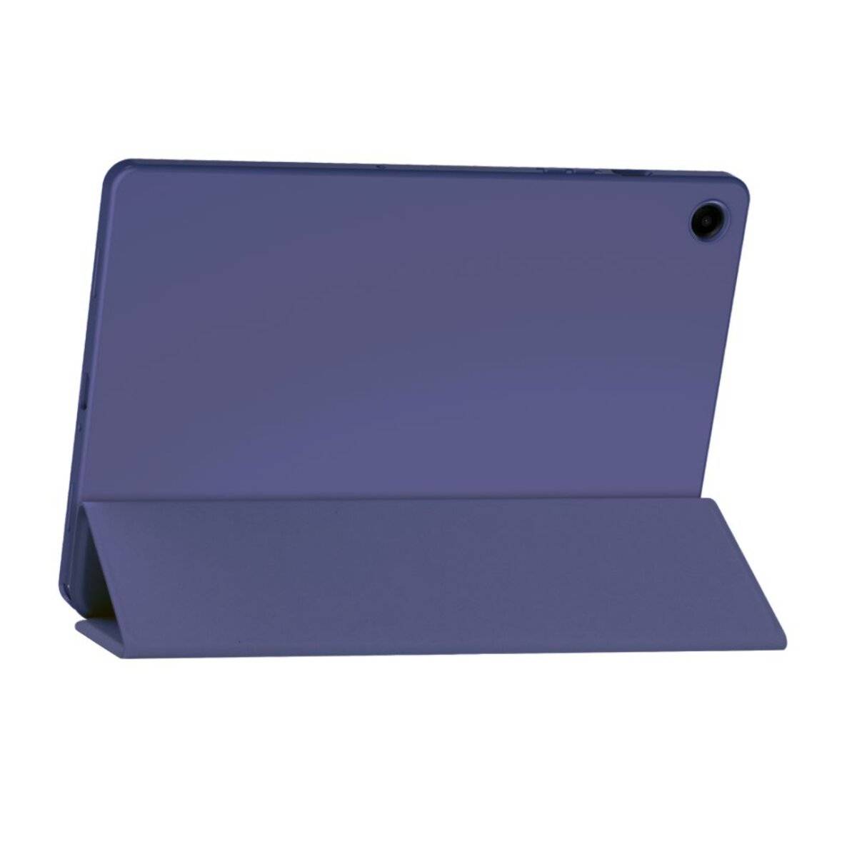 Ein Tablet in einer blauen Schutzhülle mit Ständer, von hinten betrachtet, das die Kameralinse und die umgeklappte Abdeckung als Ständer zeigt.