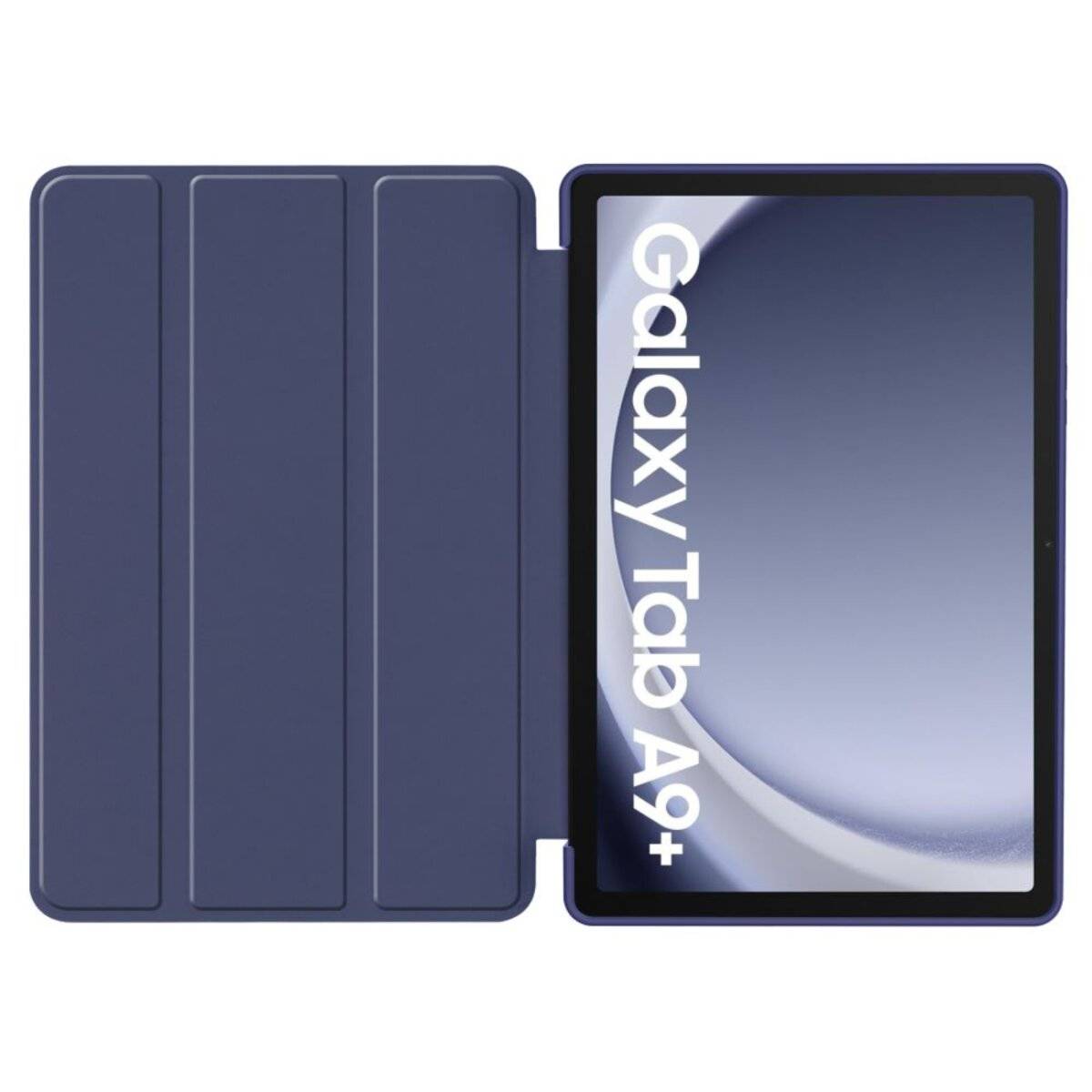 Tablet mit blauem Umschlag teilweise offen, zeigt den Text „Galaxy Tab A9+