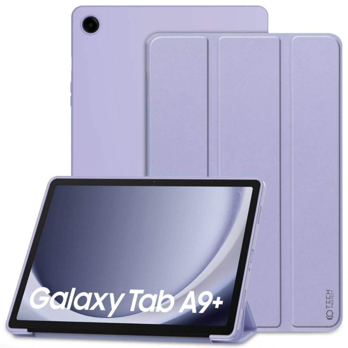 Ein lila Galaxy Tab A9+ ist mit einer Schutzhülle abgebildet und zeigt ein sauberes, modernes Design. Das Tablet ist auf einem Ständer positioniert, wodurch der Bildschirm hervorgehoben wird.